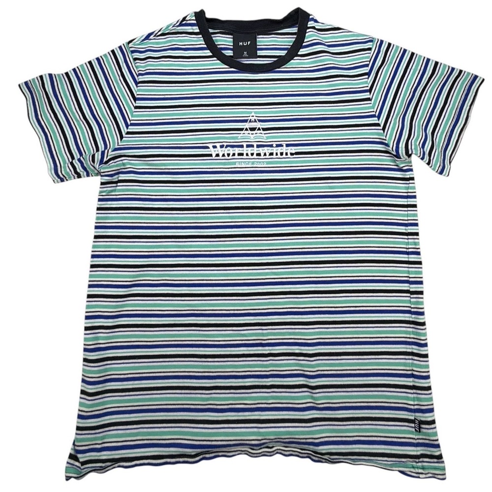 HUF T-Shirt Women M Blue Striped Worldwide Graphic Short Sleeve